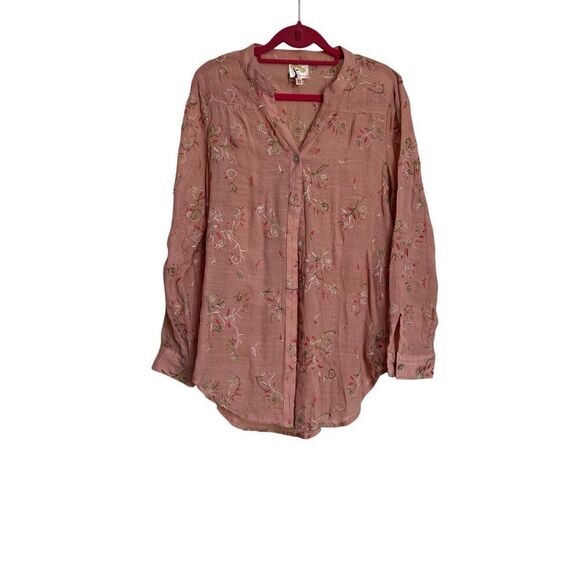 Fig & Flower Anthropologie Top Womens Medium Pink Embroidered Floral Button Up - Picture 1 of 8